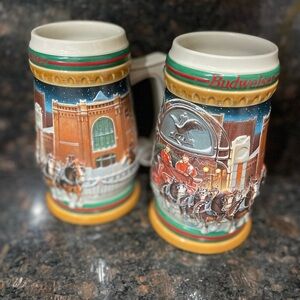 Vtg 1997 Budweiser Holiday Festive Stein Beer Mugs Set of 2 Collectible
